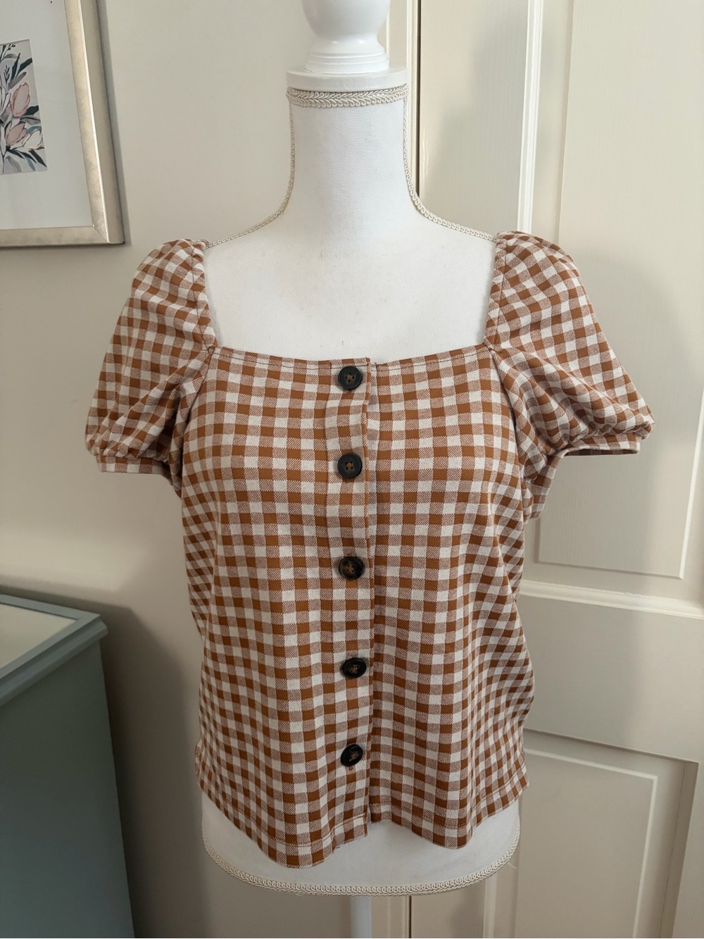 Madewell, Size Medium, Gingham Square-Neck Button Front Top - Brown/White